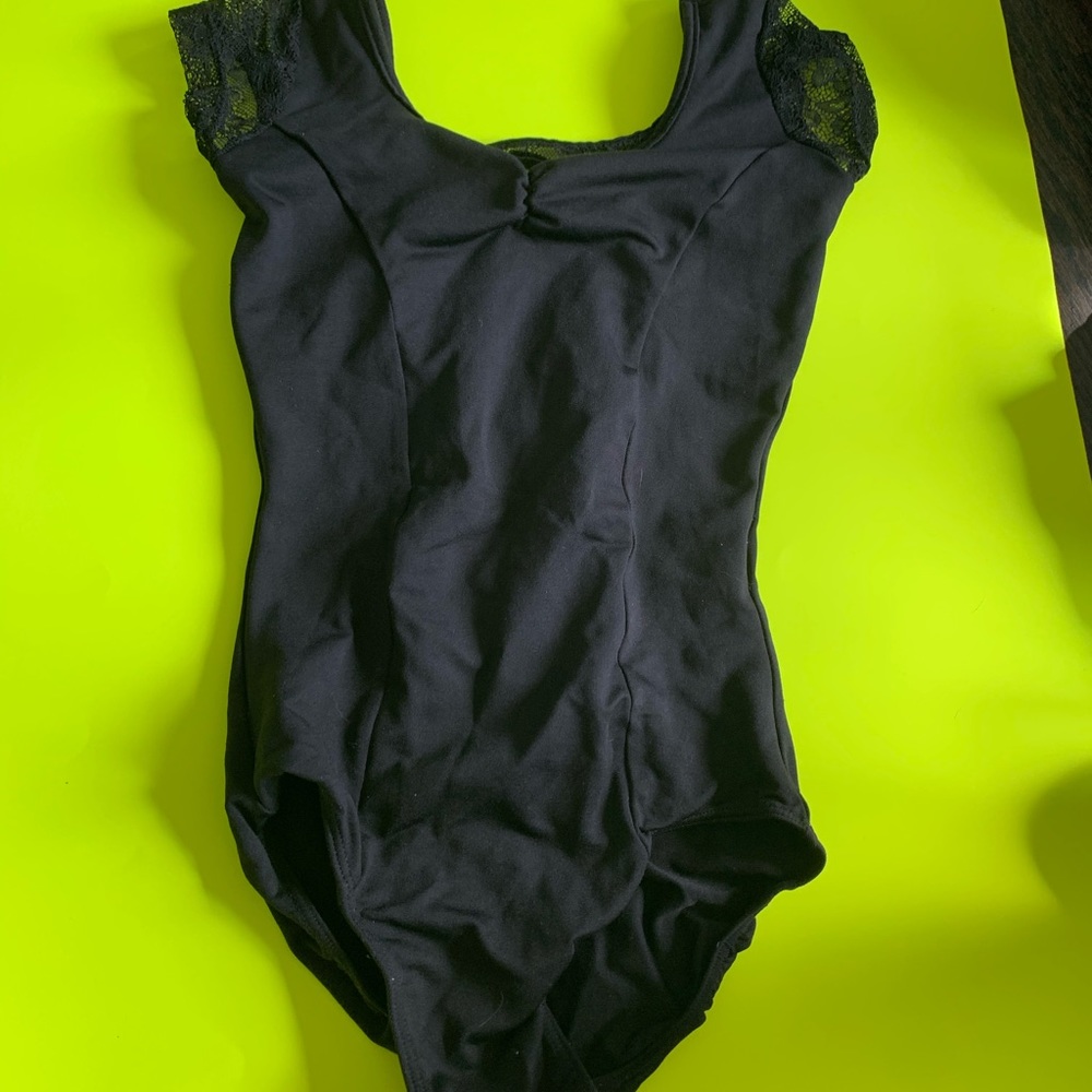 Black cap sleeve leotard with lace
